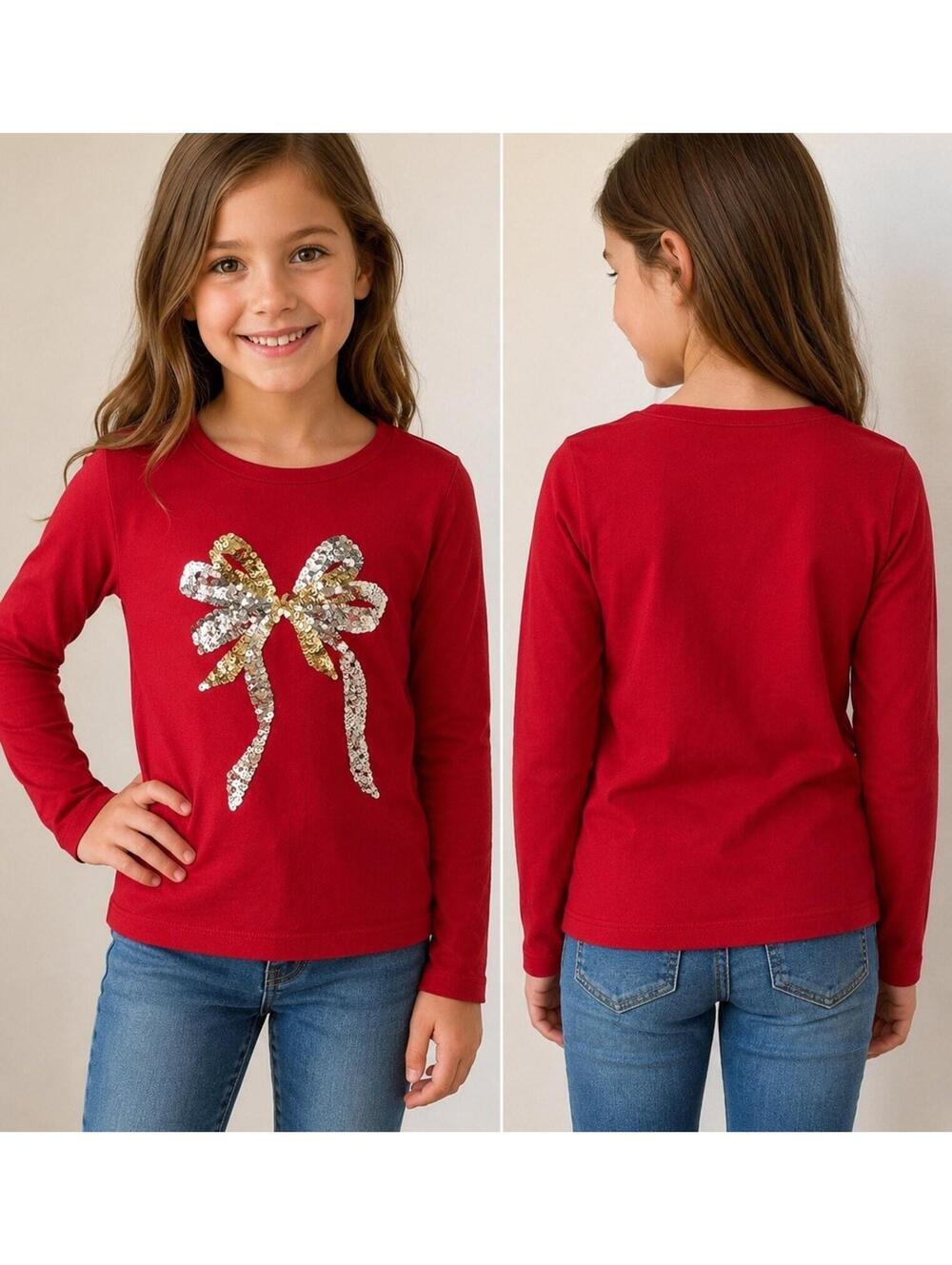 J.Crew Crewcuts Red Sequin Bow Long Sleeve Top Girls M 8-9 Holiday Shirt